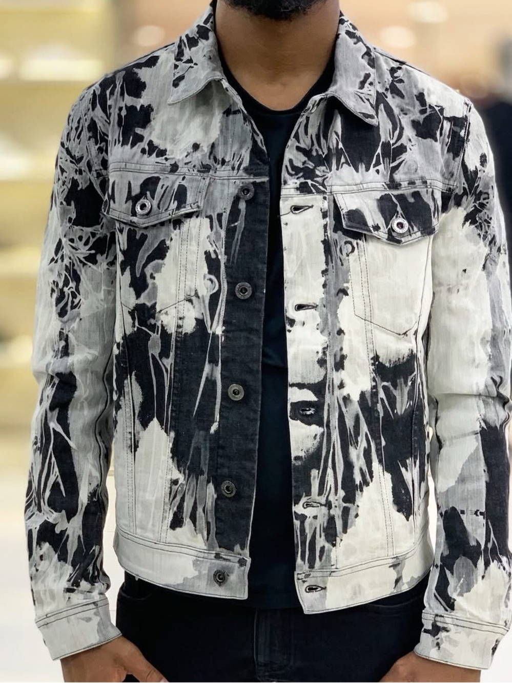 Diesel Black Gold Black and White Graphic Denim Jacket